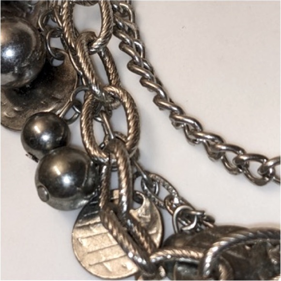 Silver Rocker Rebel Edgy Layered Bead Discs Coins Textured Chain Necklace - Picture 14 of 16